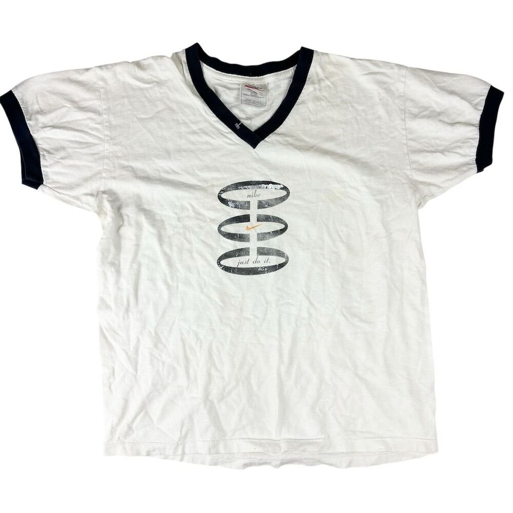 Nike Men's Vintage 90s White Ringer Tee Graphic V-Neck T-Shirt Size S Just Do It